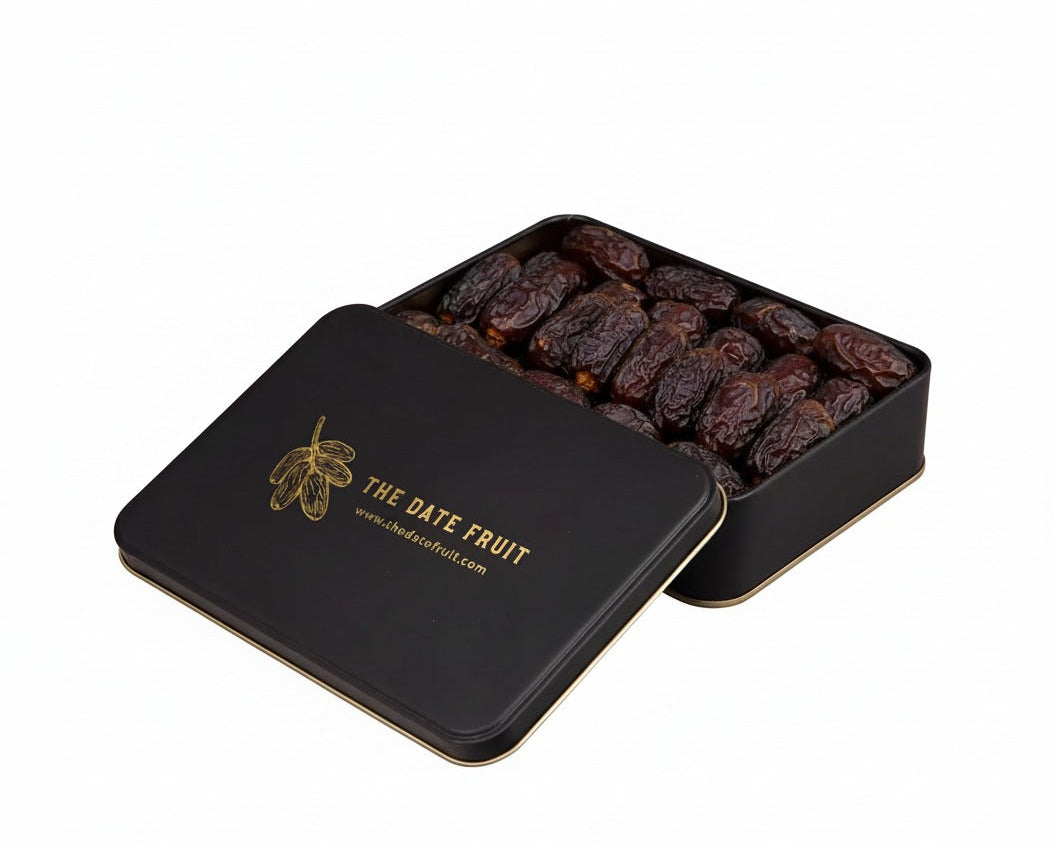 Amber Al-Ula Dates – Premium Saudi Dates from Medina Region, Soft & Sweet, Vacuum-Sealed Tin Box